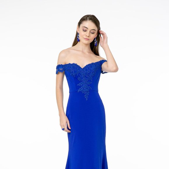 NEW CUT-AWAY SHOULDER SLEEVELESS MERMAID DRESS EMBROIDERED WITH PATTERN GL2958 - Picture 1 of 14